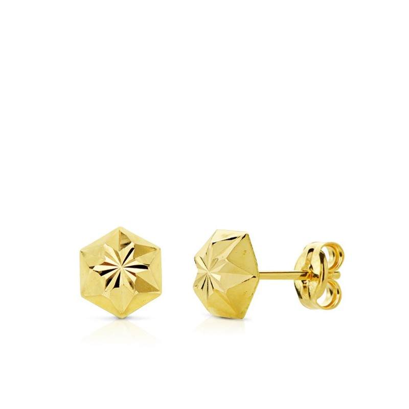 Pendientes Oro Amarillo Clavo Estrella Tallados 8Mm Cierre Presion oro 18k