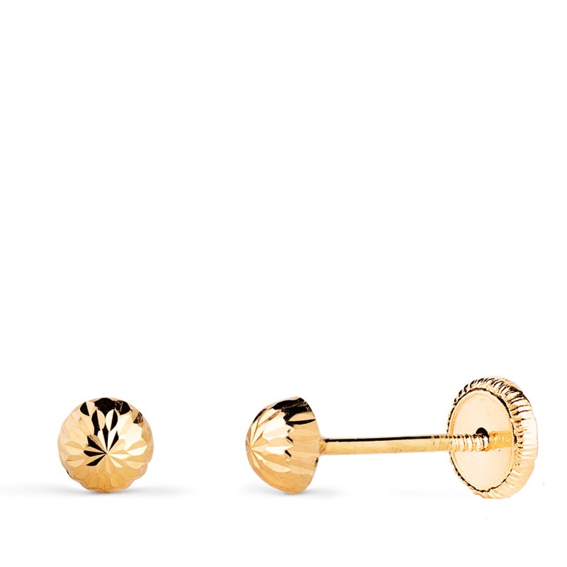 Pendientes Oro Amarillo Media Bola Tallada Hueca. Ancho: 4 Mm. Cierre Tuerca oro 18k