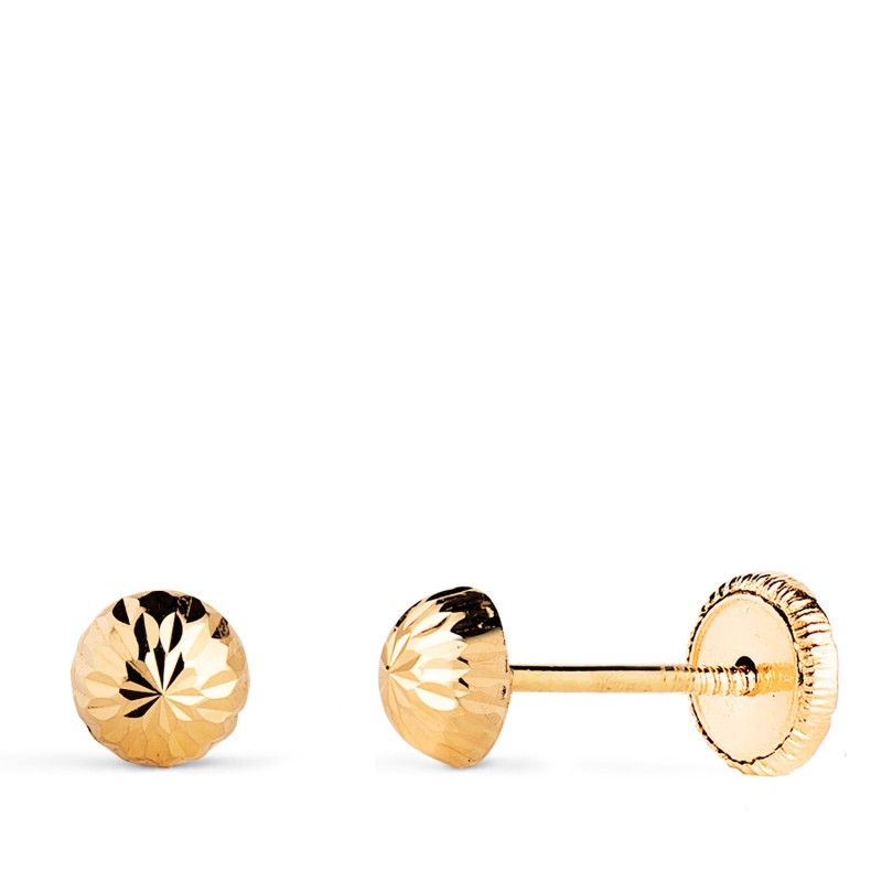 Pendientes Oro Amarillo Media Bola Tallada Hueca. Ancho: 5 Mm. Cierre Tuerca oro 18k