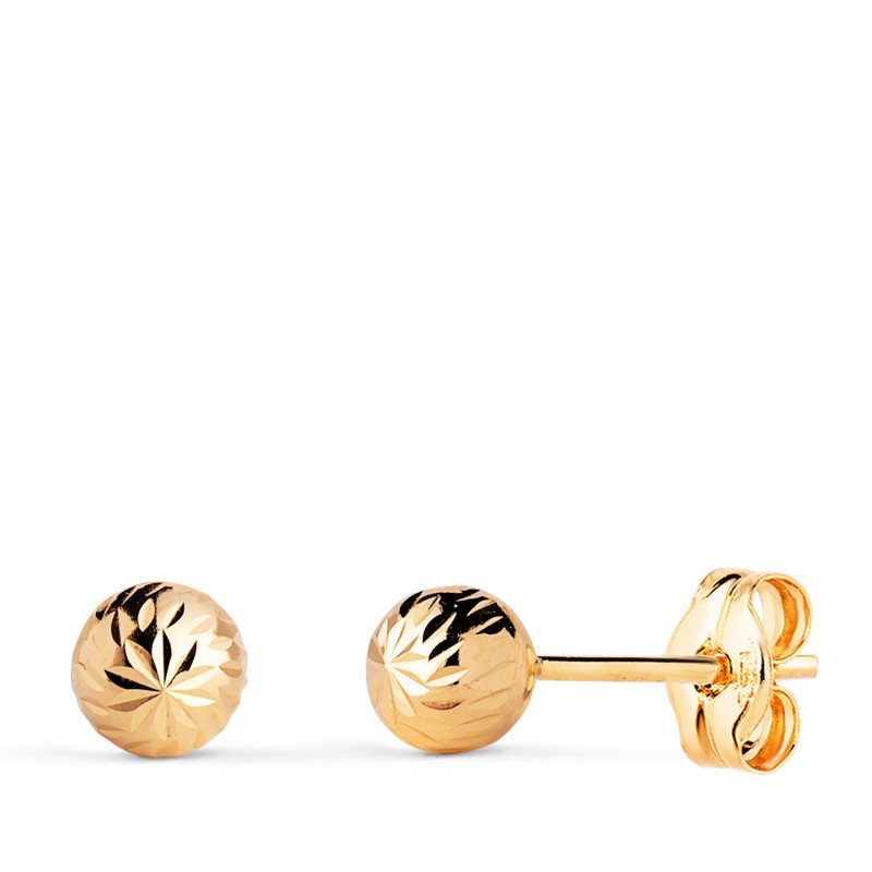 Pendientes Oro Amarillo Bola Tallada Hueca. Ancho: 5 Mm. Cierre Presion oro 18k