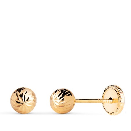 Pendientes Oro Amarillo Bola Tallada Hueca. Ancho: 5 Mm. Cierre Tuerca oro 18k