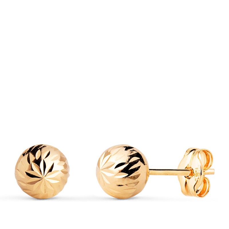 Pendientes Oro Amarillo Bola Tallada Hueca. Ancho: 6 Mm. Cierre Presion oro 18k
