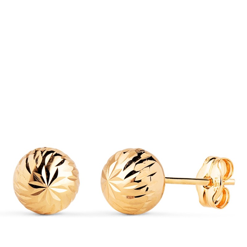 Pendientes Oro Amarillo Bola Tallada Hueca. Ancho: 7 Mm. Cierre Presion oro 18k