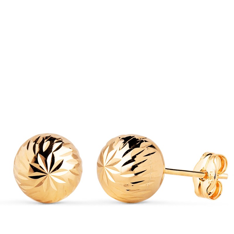 Pendientes Oro Amarillo Bola Tallada Hueca. Ancho: 8 Mm. Cierre Presion oro 18k