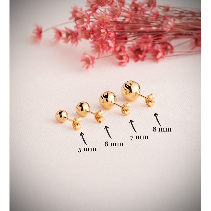Pendientes Oro Amarillo Bola Tallada Hueca. Ancho: 8 Mm. Cierre Presion oro 18k