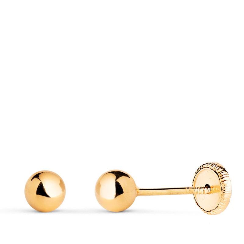 Pendientes Oro Amarillo Bola Lisa Brilla Hueca. Ancho: 4 Mm. Cierre Tuerca oro 18k