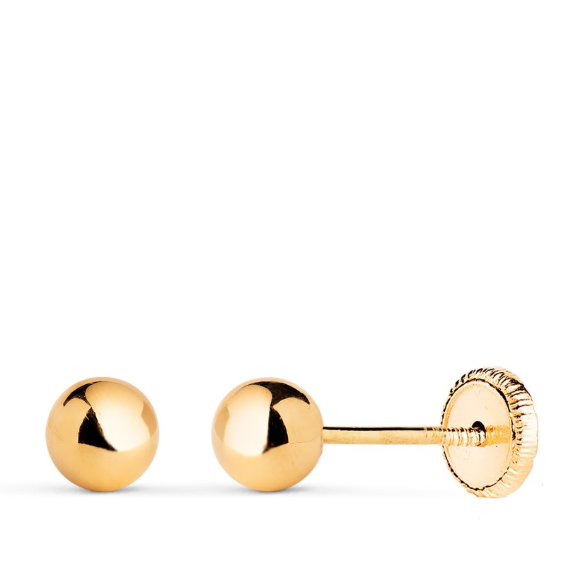 Pendientes Oro Amarillo Bola Lisa Brilla Hueca. Ancho: 5 Mm. Cierre Tuerca oro 18k