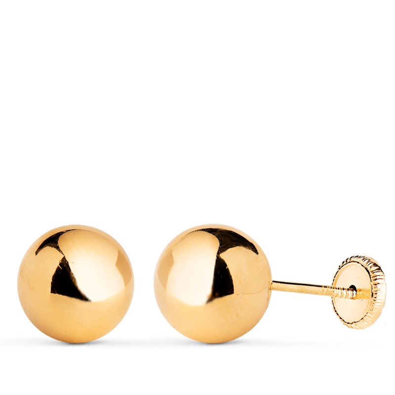 Pendientes Oro Amarillo Bola Lisa Brilla Hueca. Ancho: 8 Mm. Cierre Tuerca oro 18k