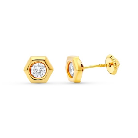 Pendientes Oro Amarillo Hexagono. 7X6 Mm. Cierre Tuerca oro 18k