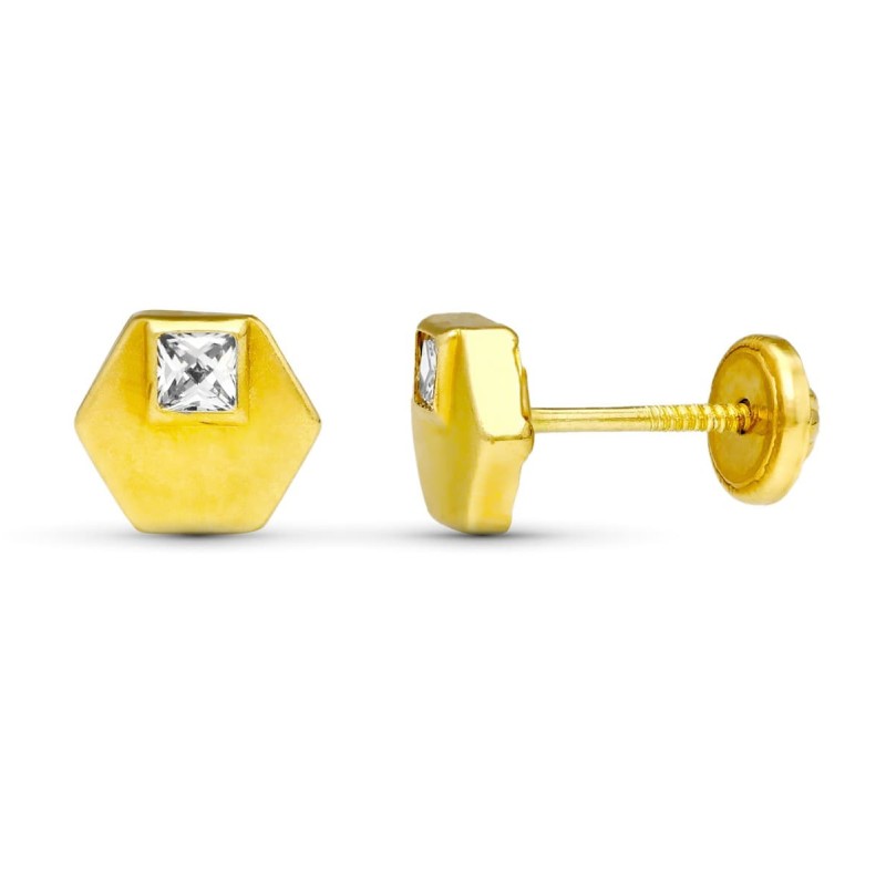 Pendientes Oro Amarillo Hexagono. 6X6 Mm Cierre Tuerca oro 18k