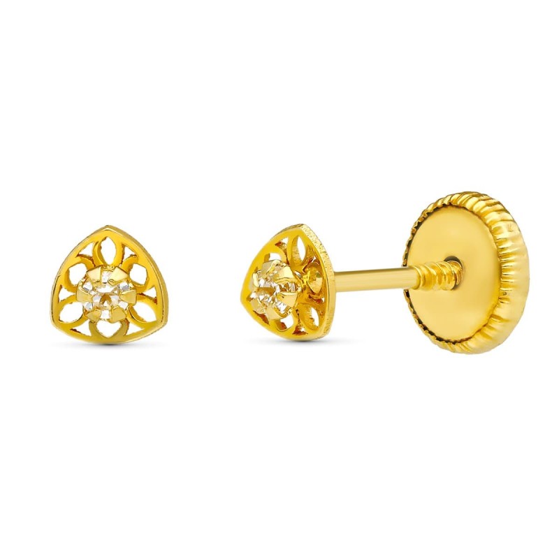 Pendientes Oro Amarillo Triangulo Calado 3X3 Mm Cierre Tuerca oro 18k
