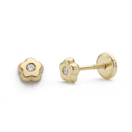Pendientes Oro Amarillo Flor Circonita 4 Mm Tuerca oro 18k