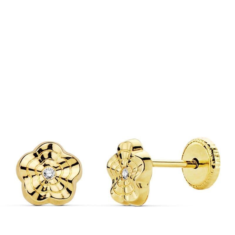 Pendientes Oro Amarillo Flor Ondas 6X6 Mm Cierre Tuerca oro 18k