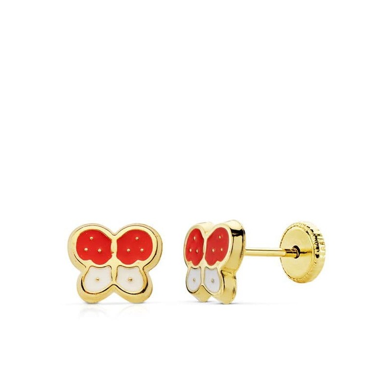 Pendientes Mariposas Esmalte Rojo Y Blanco Cierre Tuerca oro 18k