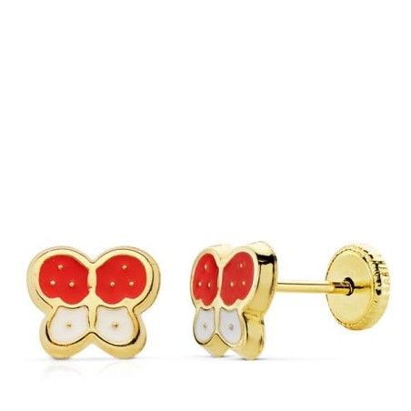 Pendientes Mariposas Esmalte Rojo Y Blanco Cierre Tuerca oro 18k
