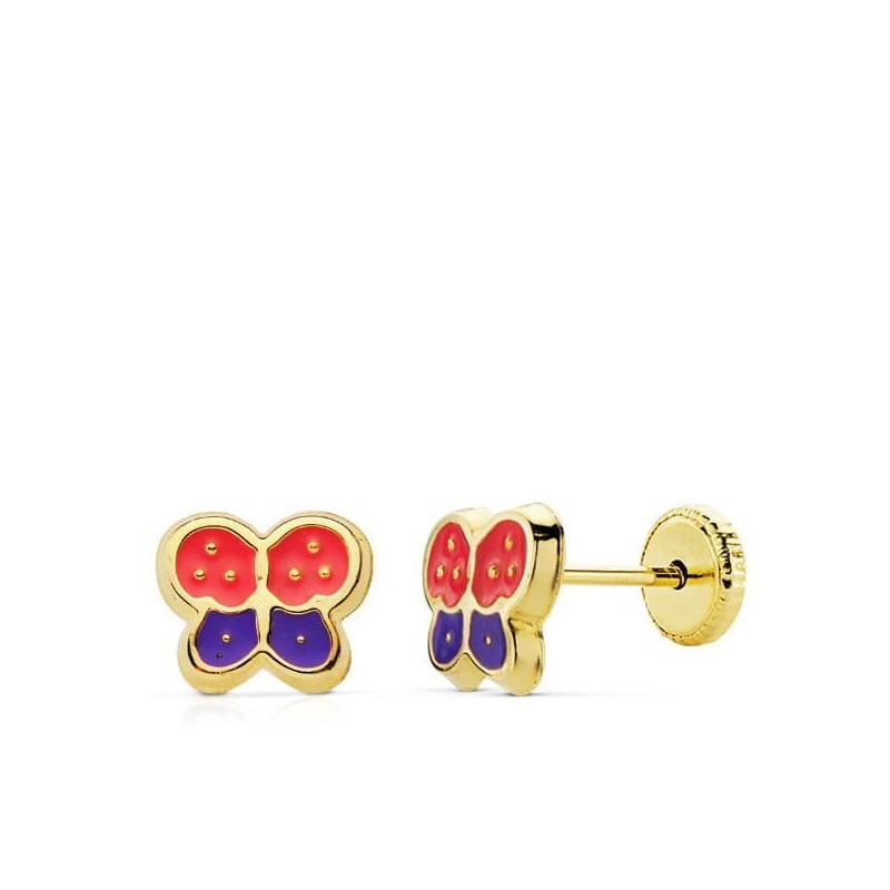 Pendientes Mariposas Esmalte Rosa Y Malva Cierre Tuerca oro 18k