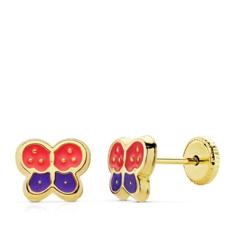 Pendientes Mariposas Esmalte Rosa Y Malva Cierre Tuerca oro 18k