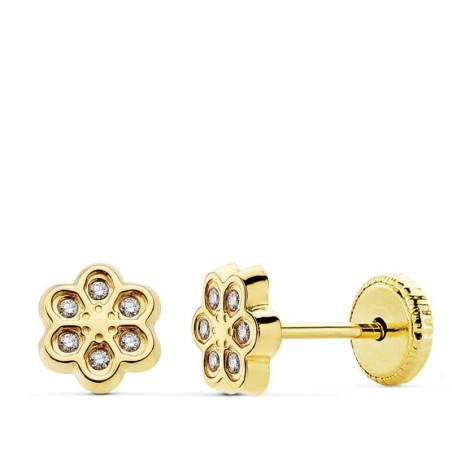 Pendientes Oro Amarillo Flor Circonita 6.5 Mm Cierre Tuerca oro 18k