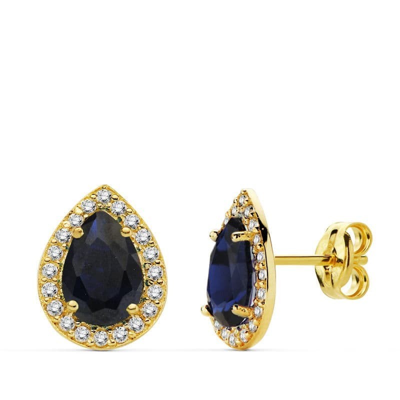 Pendientes Oro Amarillo Piedra Azul Circnonitas 10X8 Mm Cierre Presion oro 18k