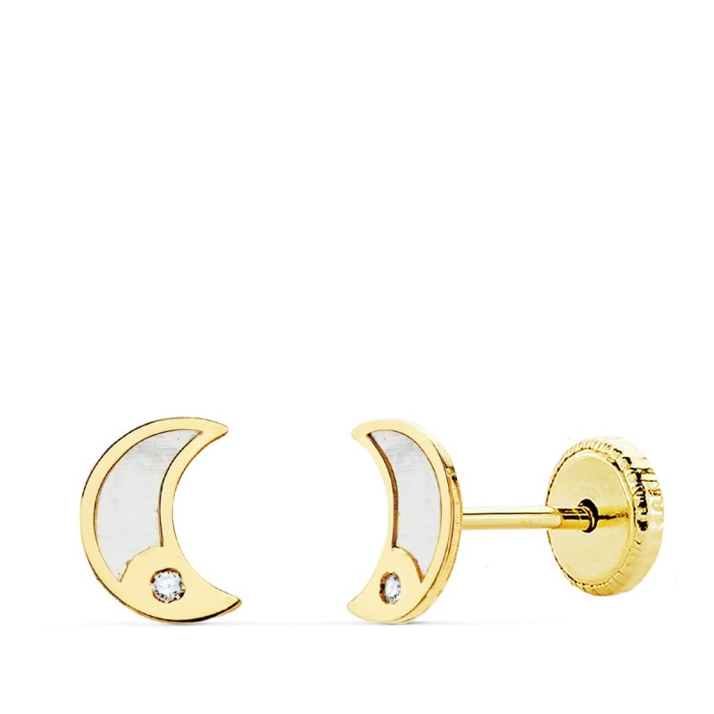 Pendientes Oro Amarillo Luna Nacar Y Circonita 6.5X5 Mm Cierre Tuerca oro 18k