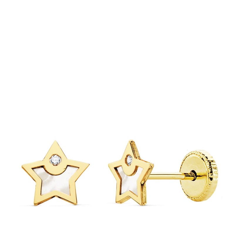 Pendientes Oro Amarillo Estrella Nacar Y Circonita 6X6 Mm Cierre Tuerca oro 18k