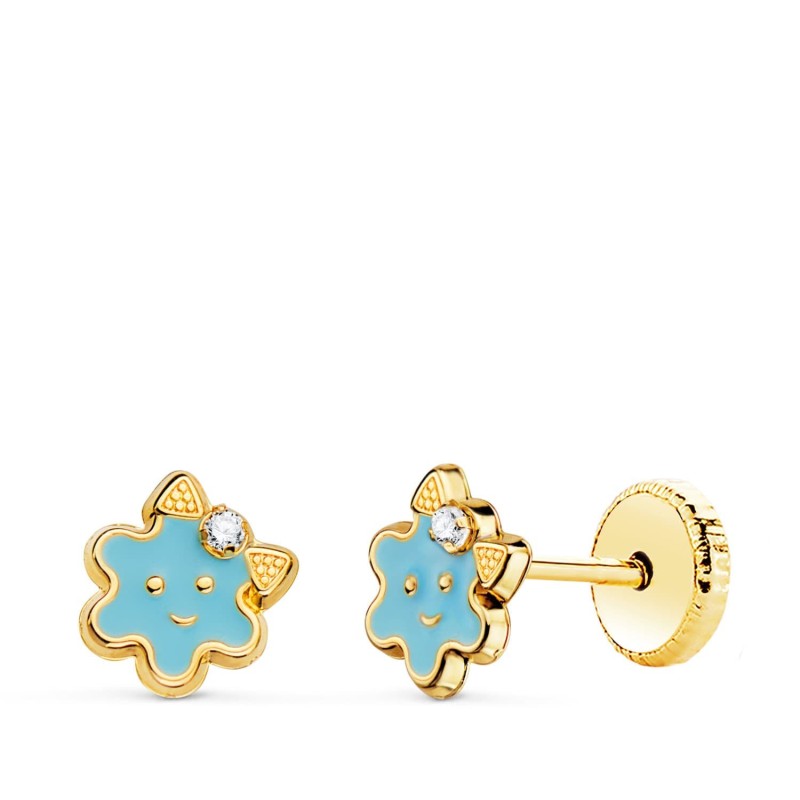 Pendientes Oro Amarillo Flor Esmalte Azul Cierre Tuerca 6,5 X 6,5 Mm oro 18k