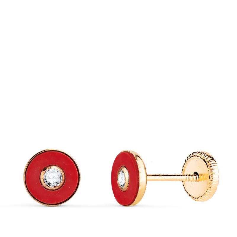 Pendientes Oro Amarillo Redondos Coral Sintetico Con Circonita. Medida: 5,5Mm. Cierre Tuerca oro 18k