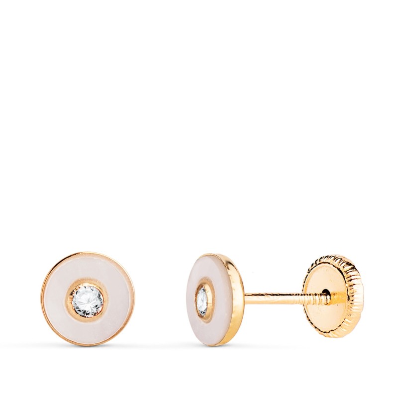 Pendientes Oro Amarillo Redondos Nacar Con Circonita. Medida: 5,5Mm. Cierre Tuerca oro 18k