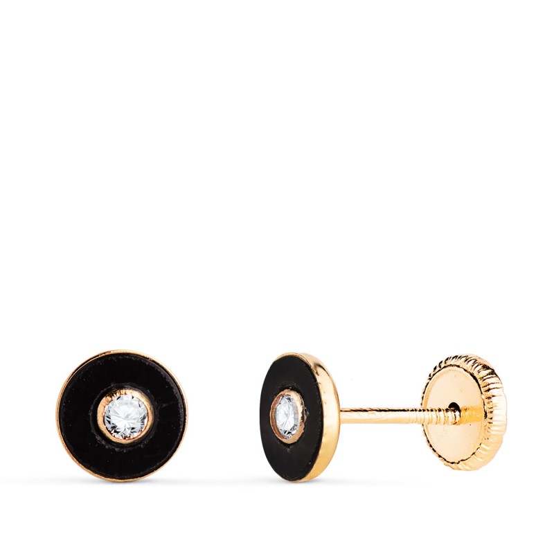 Pendientes Oro Amarillo Redondos Onix Con Circonita. Medida: 5,5Mm. Cierre Tuerca oro 18k