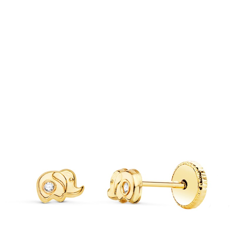 Pendientes Oro Amarillo Elefante Con Circonita 5 X 3 Mm. Cierre Tuerca oro 18k