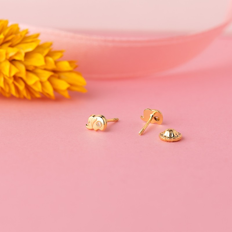 Pendientes Oro Amarillo Elefante Con Circonita 5 X 3 Mm. Cierre Tuerca oro 18k