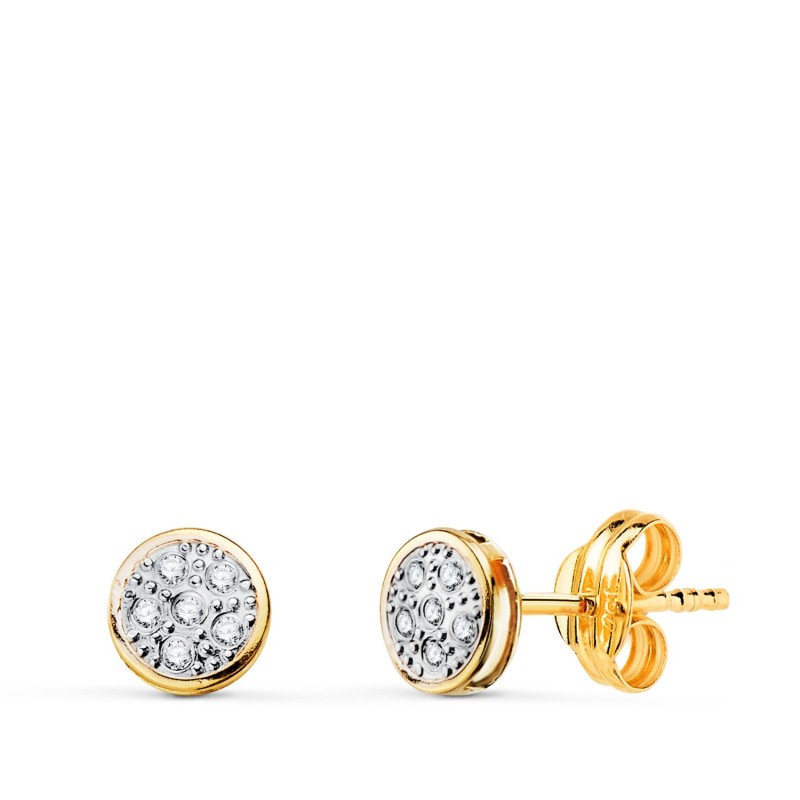 Pendientes Oro Bicolor Redondos Con Circonitas: Medida: 5X5Mm. Cierre Presion oro 18k