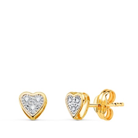 Pendientes Oro Bicolor Corazon Con Circonitas: Medida: 5X5Mm. Cierre Presion oro 18k